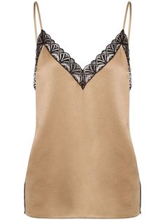 almond beige satin finish V-neck spaghetti straps lace trim straight hem V-neck Satin Camisole With Lace Trim, Chic Contrast Lace Camisole For Spring, Spring Chic Camisole With Contrast Lace, Chic Spring Camisole With Contrast Lace, Chic Camisole With Contrast Lace For Spring, Elegant V-neck Camisole With Lace Trim, Chic Silk Camisole With Lace Trim, Chic Lace Camisole With Contrast Lace, Evening Cami Tops With Lace Trim