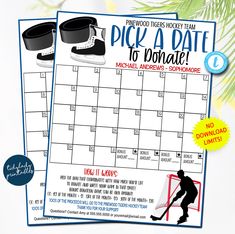 two printable hockey calendars with shoes on them