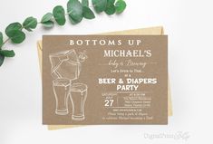 a brown and white beer themed birthday party card with the words bottoms up michael's on it