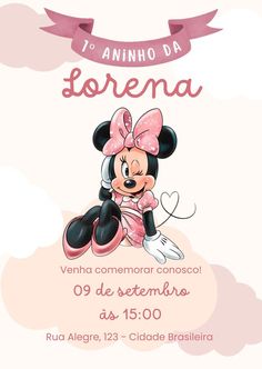 a minnie mouse birthday party with pink and white decorations on the front, in spanish