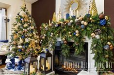 two christmas trees decorated with gold, blue and green ornaments in front of a fireplace