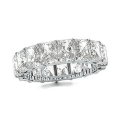 A stunning celebration of your commitment, this fancy-shape diamond eternity band is a confident choice for your bride or bride-to-be. Expertly crafted in sleek platinum, this sensational style showcases sparkling 3/8 ct. radiant-cut diamonds - each boasting a color rank of G and clarity of VS2 - that surround the endless band. This breathtaking design is beguiling on its own or paired with her diamond solitaire. Dazzling with 7 cts. t.w. of diamonds and a brilliant buffed luster, this eternity Radiant Cut Diamond Eternity Band Fine Jewelry, Diamond White Platinum Eternity Band With Baguette Cut, Radiant Cut Diamond Eternity Band For Anniversary, Platinum Eternity Band In Baguette Cut, Diamond White Baguette Cut Platinum Eternity Band, Radiant Cut Brilliant Diamond Eternity Band For Anniversary, Radiant Cut Eternity Band With Prong Setting, Silver Platinum Eternity Band With Baguette Cut, Elegant Radiant Cut Diamond Eternity Band