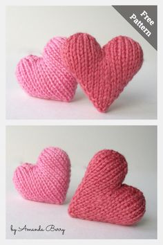 two knitted hearts sitting next to each other on top of a white surface with the words tree pattern written below them