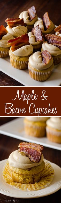 maple and bacon cupcakes on a white plate