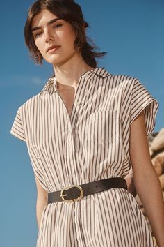 Style Information: Striped button front shirt dress with cap sleeves in a midi length. Striped Office Dress, Striped Shirt Dresses For Women, Stripe Shirt Dress, Poplin Shirt Dress, Dress With Cap Sleeves, Button Front Shirt Dress, Striped Shirt Dress, Stripe Shirt, Jacket Brands