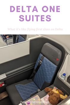 an airplane seat with the words delta one suites on it and a teddy bear in the back