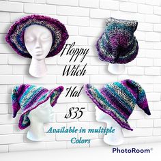 three hats on display in front of a brick wall with the words happy witch hat $ 35 available in multiple colors