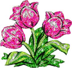 some pink flowers with green leaves and sparkles on them are in the middle of an image