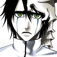 an anime character with green eyes and black hair