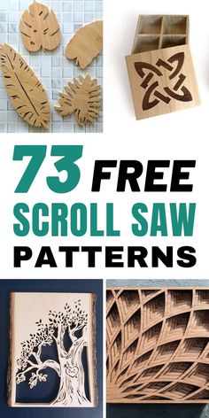 the cover of 75 free scroll saw patterns is shown with text overlay that reads 73 free scroll saw patterns