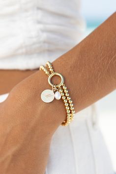 ALV Jewels x Brynley Joyner & Mary Margaret Custer Let us do the stacking for you! Gold-filled bracelet, 6.5in Add your initial in the notes section at checkout Brynley Joyner, Alv Jewels, Mary Margaret, Monogram Bracelet, Gold Filled, Beaded Jewelry, Beading, Initials, Coin