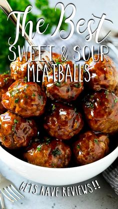 the best sweet and sour meatballs are served in a white bowl with a fork