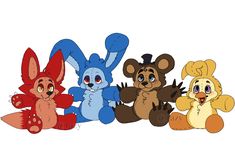 five cartoon animals are sitting in a row