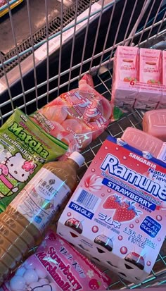 a shopping cart filled with lots of different types of food