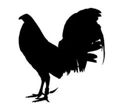 a black and white silhouette of a rooster with it's tail curled up in the wind