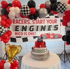 a race car themed birthday party with balloons