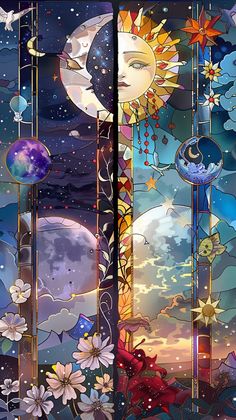 two stained glass panels depicting the sun, moon and stars in different stages of creation