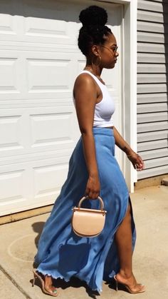 This Denim Lover Maxi Skirt is lightweight denim material with a long division on the two sides of the leg for a provocative look. Match this skirt with your off the shoulder top to finish your outfit. Whether as a base for fashionistas, party skirts for teenagers, or everyday turnout needs for ladies. You will adore this short skirt.Our Maxi Skirt is the best gift for teenagers and young ladies. Ideal for school dance parties, lone wolf gatherings, homecoming and graduation celebrations. A dece Outfits For Plays, Nice Casual Outfits Woman Summer, Major Must Haves Outfits, Summer Rooftop Outfit, Denim Skirt And Tshirt Outfits, Modest Young Women Outfits, Super Hot Summer Day Outfit, Casual Outfit Summer 2023, What To Wear Summer 2024