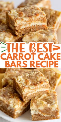 the best carrot cake bars recipe on a white plate with oranges in the background