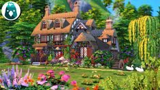 an animated house surrounded by flowers and trees