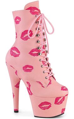 ADORE-1020KISSES Baby Pink Ankle Boots-Pleaser-Tragic Beautiful Pink Ankle Boots, 7 Inch Heels, Pleaser Heels, Single Sole Heels, High Heel Stiefel, Pinup Couture, Gogo Boots, Corsets And Bustiers, Lips Print