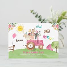 a card with an image of a cow driving a pink car on the grass and flowers