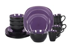 PRICES MAY VARY. Square Shape with Two Tone Glaze: Square Shape with Inside Purple Shiny Colorful glaze and Matte Black Outside, make your table colorful, modern, natural and attractive Service for 4: 16pc Square Dinnerware Set including 4 of Each: Dinner Plate Square 10.6" x 10.6", Salad Plate Square 7.8" x 7.8", Soup Bowl Square 6" x 6"", Mug Square 13oz More Durable: High Quality Durable Stoneware Material, Dishwasher Safe, Microwave Safe and Oven to Table Natural Top Glaze: Top Glaze is Natu Purple And Black Home Decor, Matte Black Dinnerware, Purple Kitchen Decor, Dishes Sets, Beautiful Kitchenware, Purple Plates, Black Dinnerware, Purple Home Decor, Square Dinnerware Set