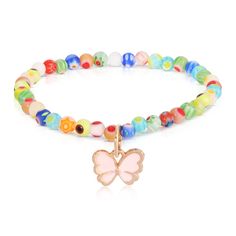 Multi-colored Millefiori glass beads with pink butterfly charm. Multicolor Beaded Charm Bracelet, Butterfly Charm Beaded Bracelet For Gifts, Elegant Multicolor Jewelry With Butterfly Charm, Millefiori Beads, Multicolor Butterfly Charm Jewelry, Butterfly Charm Bracelet, Butterfly Charm, Pink Butterfly, Necklaces Bracelets