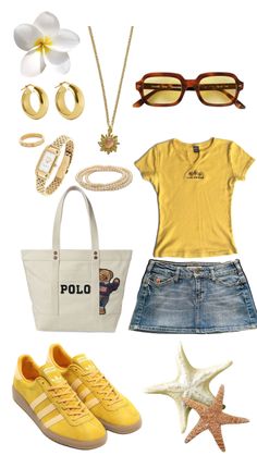 summer outfit Cute Yellow Tops Summer Outfits, Beach Fits 2024, Summer 2024 Beach Outfits, Summer Hawaii Outfits, Yellow Aesthetic Outfits, Yellow Outfit, Mode Ootd, Summer 24