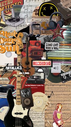 a collage of music related items including an electric guitar, record player and more