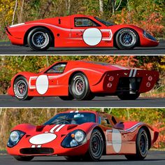 two pictures of a red race car with white stripes on the front and back sides