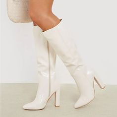 Never Worn And Outside Return Window White Block Heel Knee-high Boots For Fall, White High Heel Mid-calf Trendy Boots, White Block Heel Mid-calf Boots For Spring, White High Heel Mid-calf Boots, White High Heel Mid-calf Boots For Party, White Faux Leather Knee-high Boots For Spring, White Block Heel Mid-calf Boots For Winter, Summer Synthetic Boots With Block Heel, White Wide Calf Boots With Block Heel