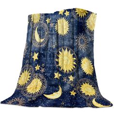 astro sun and moon print dark blue and gold color starry sky fluffy throw blanket roomtery Fluffy Throw Blanket, Moon Blanket, Cozy Cover, Warm Decor, Warm Bed, Golden Sun, Nap Blanket, Fluffy Blankets, Sofa Cushion Covers