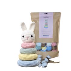 The Stacking Bunny is a great toy for all of the little ones in your life! The bright colors and soft yarn make it engaging and safe for small children to play with. The newest addition of the stacking ring toy has been added.  Look for the bear stacking ring toy in this shop.  This kit contains a pattern, quality 100% cotton yarn, and stuffing (all of the materials needed to get to work (excl. crochet hook). Made with a 2.5 mm crochet hook. HardiCraft crochet kits are packaged ready to be gifted to a besty who loves to crochet or can be completed by you and gifted or just keep it yourself.  They make adorable baby shower gifts or any gift.   See all the other listings by HardiCraft on this site: https://www.etsy.com/shop/babysweetcheeks2 Not intended for beginner crocheters! Kit includes: Crochet Soft Toy, Cow Toys, Crochet Kits, Diy Crochet Patterns, Crochet Baby Toys, Crochet Cow, Halloween Toys, Stacking Toys, Bunny Toys