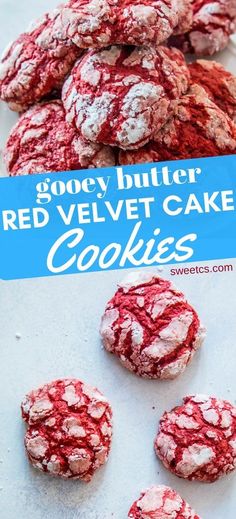 red velvet cake cookies with powdered sugar on top and the words, gooey butter red velvet cake cookies