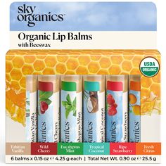 PRICES MAY VARY. Organic Beeswax Lip Balms: Bursting with natural flavors, these organic lip balms are made with nourishing plant oils and beeswax to lock in moisture and keep lips feeling soft and smooth Infused With Natural Flavors: Sky Organics Organic Beeswax Lip Balms keep lips feeling deliciously soft and smelling deliciously sweet. Includes Tahitian vanilla, wild cherry, eucalyptus mint, tropical coconut, ripe strawberry and fresh citrus flavors INGREDIENTS WITH PURPOSE: Organic Botanical Lip Balm Stick, Lip Balm Gift, Beeswax Lip Balm, Lip Balm Set, Wild Cherry, Organic Lip Balm, Eucalyptus Mint, Moisturizing Lip Balm, Botanical Oils