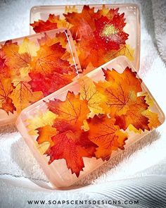 "Enjoy the woodsy blend of Sandalwood and Patchouli (available in other scents) in these handmade Autumn soaps. You and your family will love it 🍁 \"Creating these colorful Fall leaves soaps is how I pretend it's Fall in Florida without the Fall weather .... \" 😂 INGREDIENTS: Vegetable glycerin, Evening Primrose oil, essential oils, Fall colored silk leaves. WEIGHT: Approx. 7.1 oz. / soap bar DIMENSIONS: 3.75\" x 2.50\" x 1.25\"/ soap bar Please add our store to \"favorites\" so you can be awa Fall In Florida, Beeswax Soap, Fall Soaps, Halloween Soap, Fall Lovers, Bar Dimensions, Leaf Designs, Primrose Oil, Evening Primrose Oil