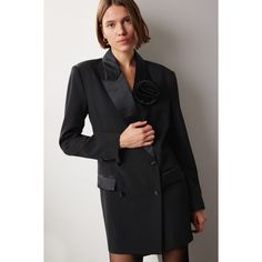 Black satin (95% Polyester, 5% Elastane; Contrast: 100% Polyester). Lining (97% Polyester, 3% Elastane). Shirt dress. Long sleeves. Collar. Front button closure. 32" from shoulder to hemline. Imported. Shirt Dress Long, Tuxedo Dress, Dress Long Sleeves, Patterned Tights, Rent The Runway, Closet Designs, Dress Long, Black Satin, Black Tie