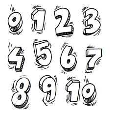 the numbers are drawn in black and white with different shapes, sizes, and colors