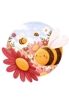 a drawing of a bee with flowers and daisies in the foreground, on a white background