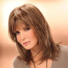 Women Medium Length Brown Human Hair Blend Heat Ok Soft Wig Natural With Bangs. #mediumlengthhaircut Jacklyn Smith, Tan Skin Blonde Hair, Celebrity Wigs, Layered Bob Hairstyles, Jaclyn Smith, Long Bob Hairstyles, Long Hair With Bangs, Straight Human Hair, Tan Skin