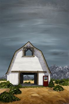 a painting of a barn in the middle of nowhere, with mountains in the background