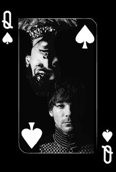 three men in black and white playing cards with hearts on the sides, one wearing a crown