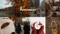 the collage shows people walking, trees, and buildings with autumn leaves on them