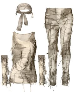 a drawing of some clothes with ties around it's neck and legs, all tied up