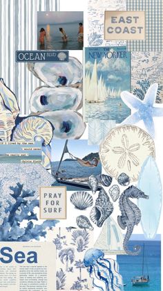 the collage is made up of blue and white items, including seashells