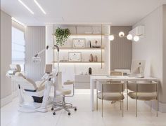 a dentist's office with chairs, desks and shelves on the wall behind it