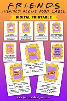 the printable menu for friends inspired recipe food label is shown in purple and yellow