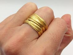 Unique handmade ring using an ancient Japanese technique called Mitsuro Hikime. This technique is nearly on its way to extinction. This method requires a calm mindset, resilience to failure and an open mind to accidental and unique outcomes. Each piece is one of a kind and impossible to replicate. I am one of the few jewelry artists in the world keeping this beautiful technique alive.  This ring in the picture is gold plated silver in size 54, that I could make a bit bigger. For other sizes I ca Mitsuro Hikime, Calm Mindset, Artistic Jewelry, Wide Bands, Gold Plated Silver, Handmade Ring, Are You The One, Band Rings, Solid Gold