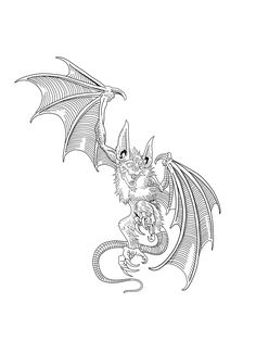 a black and white drawing of a dragon with its wings spread out, on a white background